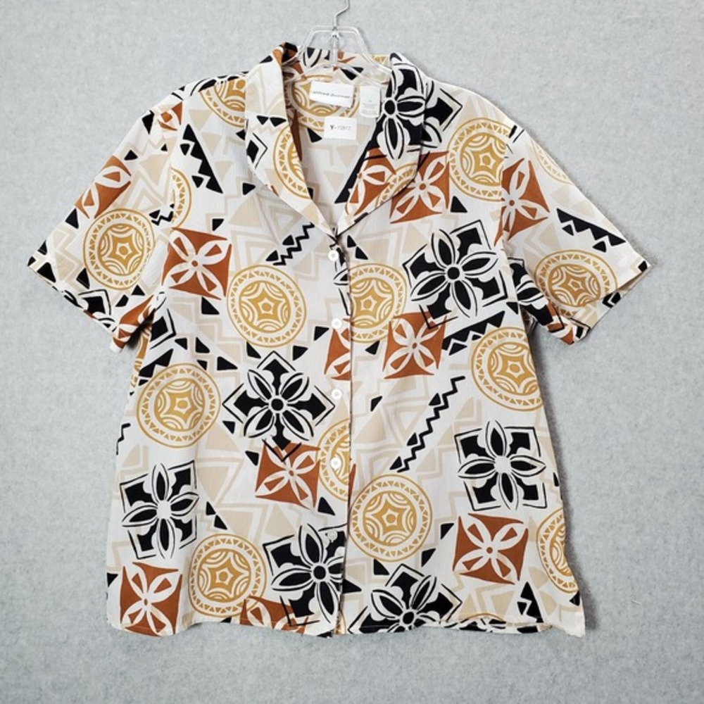 Alfred Dunner Women Top 12 White Hawaiian Short Sleeve Button Up Collar